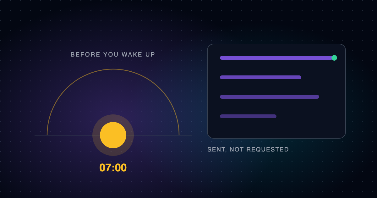 A phone on a kitchen counter showing a morning briefing voice message from an AI assistant